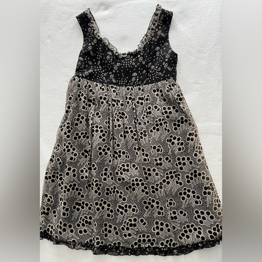 Anna Sui for Anthropologie silk tank dress.  Black & cream dot print.  Lined